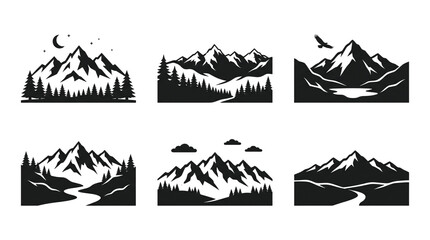 Fototapeta premium Mountain range silhouettes with trees and water a vector illustration collection