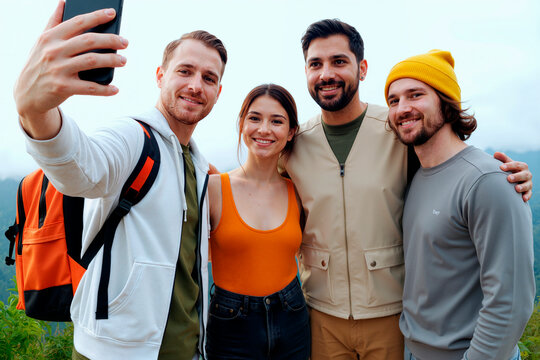 Portrait of diverse young adults taking smartphone selfie during outdoor trip, smiling and bonding for friendship and travel content. Ideal for social media, tourism, community marketing