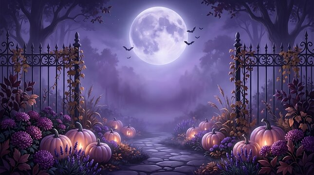 Spooky halloween night scene featuring glowing pumpkins illuminating a misty pathway leading toward a dark forest under a full moon with flying bats