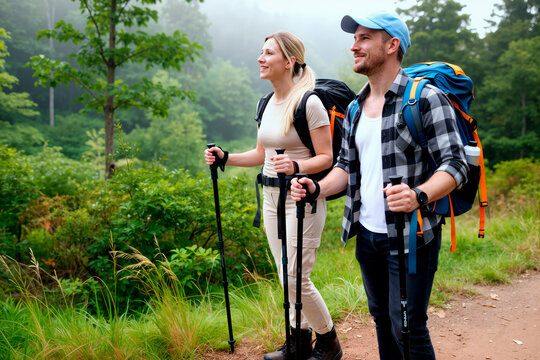 Caucasian young adult couple hiking with trekking poles and backpacks on forest trail, promoting active travel and outdoor wellness. Useful for tourism, fitness, adventure marketing