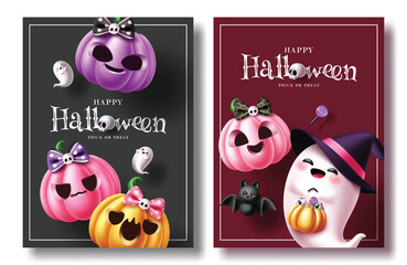 Fototapeta premium Cute Halloween Pumpkin and Ghost Trick or Treat Poster Clipart Set. Halloween greeting and party invitation card clip art template collection with colorful pink, purple and orange pumpkins, adorable