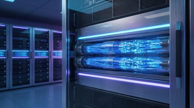 Modern server room with glowing blue fiber optic cables inside racks