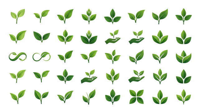 Collection of green leaf illustrations with hands and infinity symbol