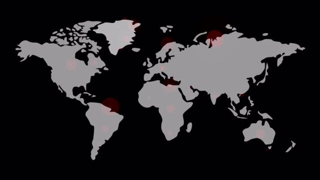 Futuristic global map animation featuring a gray world map with glowing red hotspots and light effects on a transparent background
