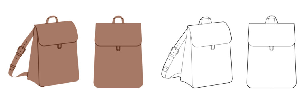 Slim Shape backpack silhouette bag. Fashion accessory technical illustration. Vector schoolbag front 3-4 view for Men, women, unisex style, flat handbag CAD mockup sketch outline isolated