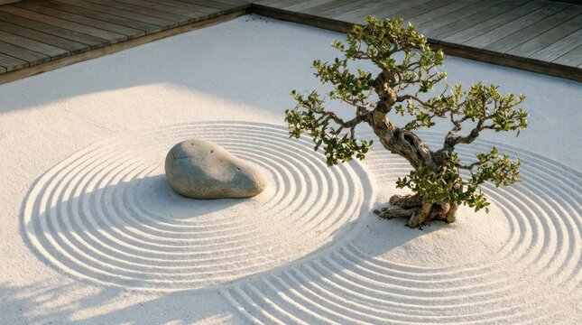 Zen garden with raked sand and a small bonsai tree