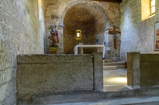 Ba&scaron;ka tablet replica with Glagolitic inscription in the chancel screen of St Lucia church, Jurandvor, Krk island, Croatia