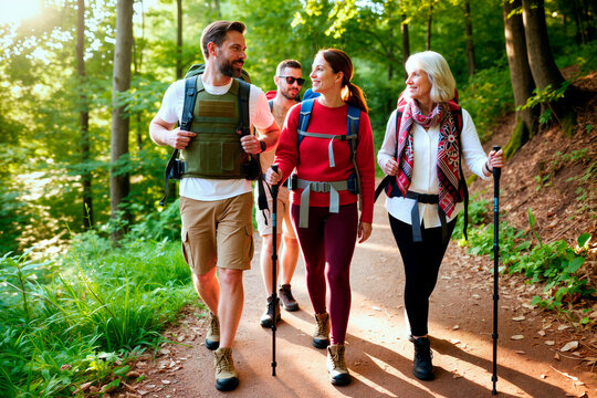 Wide shot of multiethnic adults hiking on forest trail, carrying backpacks and trekking poles, supporting active lifestyle and intergenerational wellness. Ideal for travel, fitness, retirement