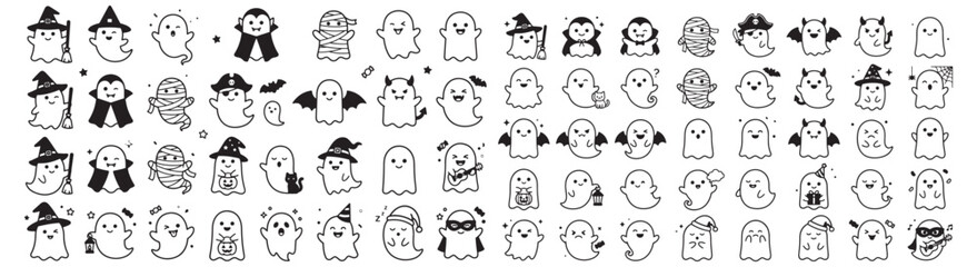 Fototapeta premium Cute Ghost Line Art Icon Set, Spooky Spirits and Friendly Halloween Monochome Graphics Collection