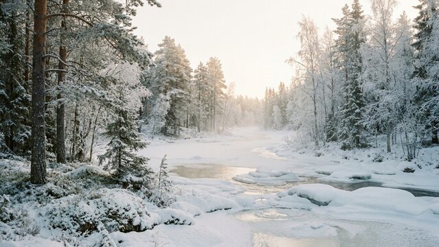 A serene snowy landscape in a frosty winter forest with a partially frozen river winding through pine trees under a soft morning glow with gentle mist rising from the ice
