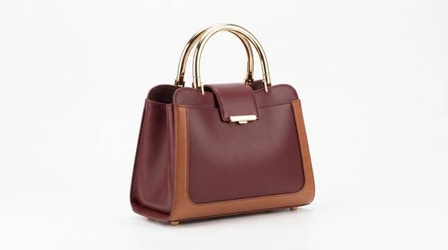 Elegant burgundy leather handbag with gold metal handles, luxury two-tone designer purse for women, stylish maroon fashion accessory isolated PNG with Transparent Background