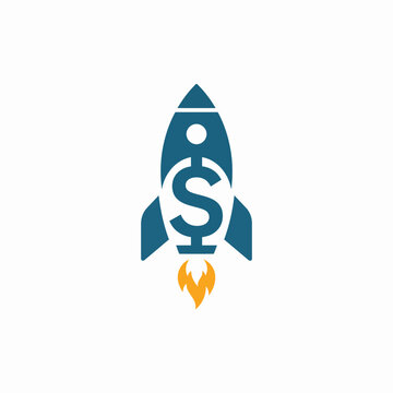 Financial growth rocket logo with dollar sign, flat vector icon for business investment and startup launch