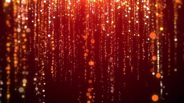 Gold snowflakes and bokeh falling on red background for christmas theme, looped.