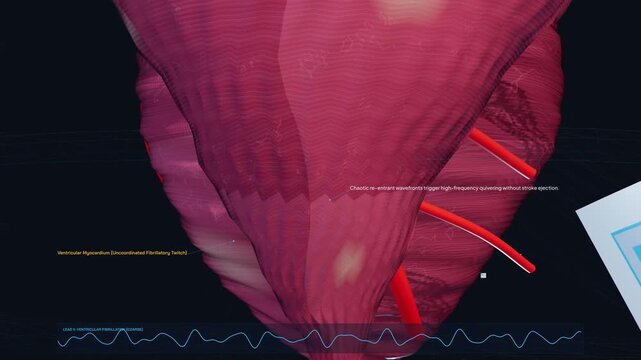 3D animation of AED cardiac defibrillation process showing a shock delivered to a heart in ventricular fibrillation to restore normal sinus rhythm and cardiac output