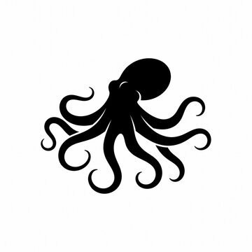 Stylized black octopus silhouette with swirling curved tentacles isolated on white background, minimalist marine life logo and tattoo graphic vector illustration.