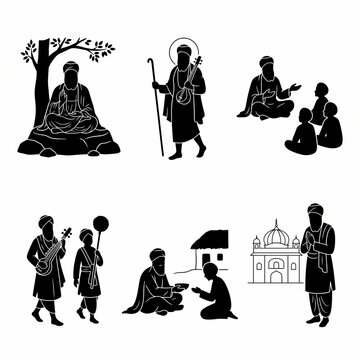 Sikh Guru life scenes silhouette vector icons set depicting meditation under a tree, spiritual preaching, charity, and praying at gurdwara isolated on white background