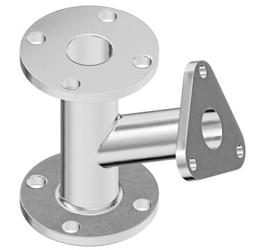high quality 3d realistic render of a stainless steel y type strainer pipe fitting featuring polished metallic surfaces and industrial flanges for commercial plumbing and engineering visualization