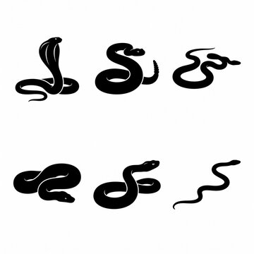 Set of black snake silhouettes including cobra, rattlesnake, and python isolated on white background, minimalist vector reptile icons for tattoo, logo, and graphic design.