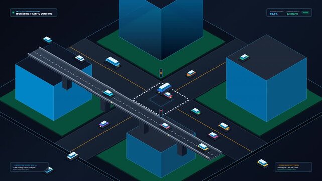 Isometric City Traffic Flow Diagram with tiny cars, buses and pedestrians moving along mapped routes