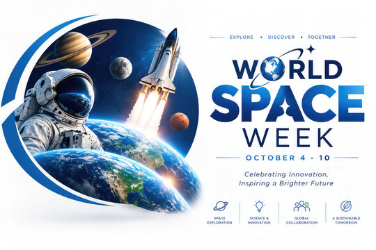 World Space Week Poster with Rocket, Earth, Astronaut and Planets &ndash; October 4&ndash;10 Space Exploration Celebration