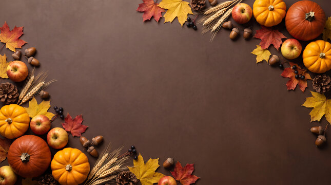Autumn harvest arrangement with pumpkins apples and leaves on a brown background