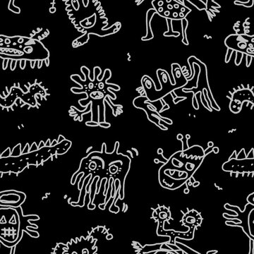 Cute Hand Drawn Monster Doodle Seamless Pattern in Black and White