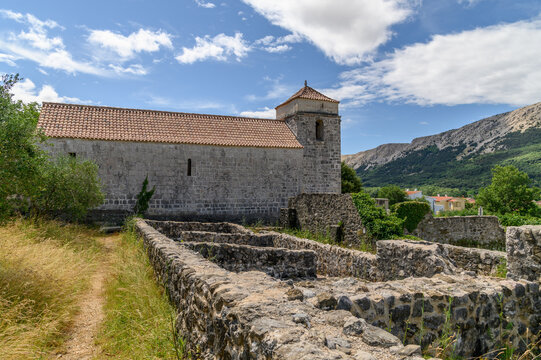 St Lucia church and bell tower beside the excavated Benedictine monastery foundations, Jurandvor, Ba&scaron;ka, Krk island, Croatia