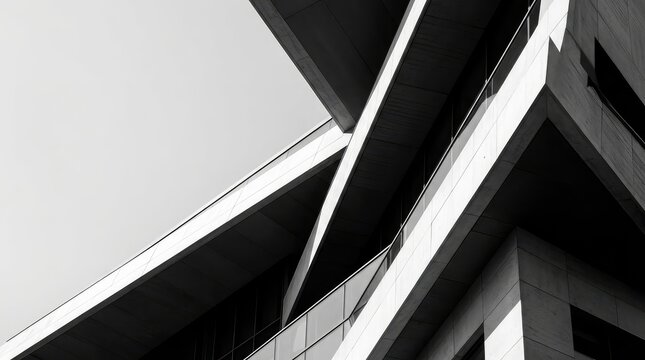 Abstract modern architecture monotone in black and white features strong diagonal lines, dynamic geometric shapes, and deep shadows with high contrast, light, shadow play, urban