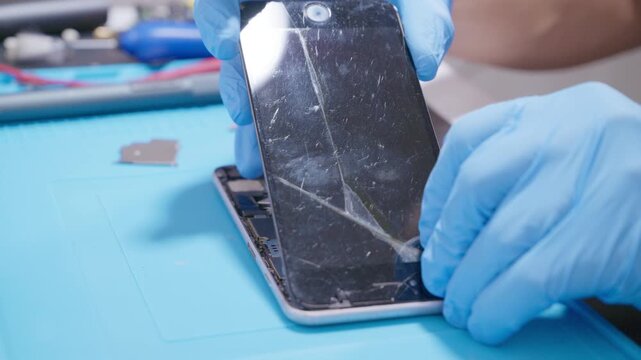 technician repairing internal micro-electronics component inside an opened smartphone on a blue mat as a concept for hardware maintenance service, right to repair information technology