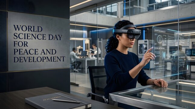 Woman wearing virtual reality headset interacting with holographic interface in office.