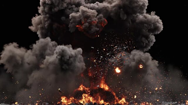 Explosion progression with fiery blast and dark smoke against black background cinematic motion during catastrophic event