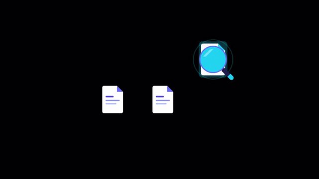 Animated magnifying glass scanning digital document icons. 4K alpha channel