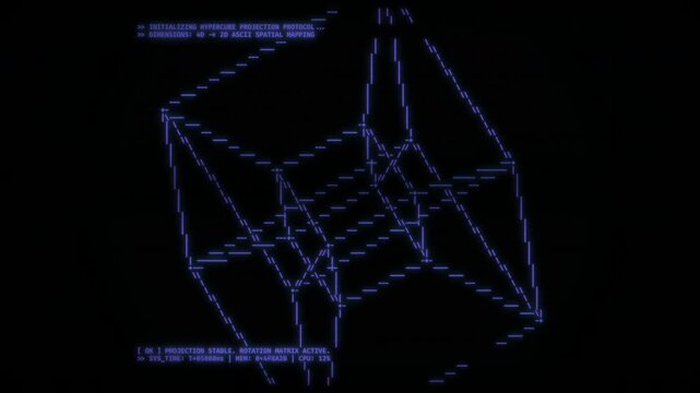 ASCII Terminal Cube: A retro-style digital animation of a 3D wireframe cube rendered in text characters on a dark computer terminal screen.