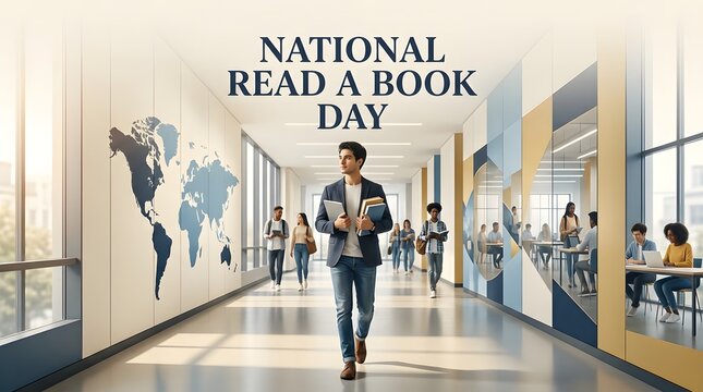 National read a book day over students walking in a school hallway.