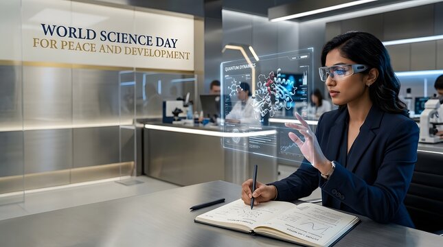 Woman scientist interacting with holographic molecular structure in laboratory.
