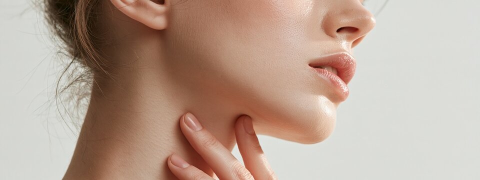 Woman touch smooth neck skin face beauty portrait with clean fresh glow