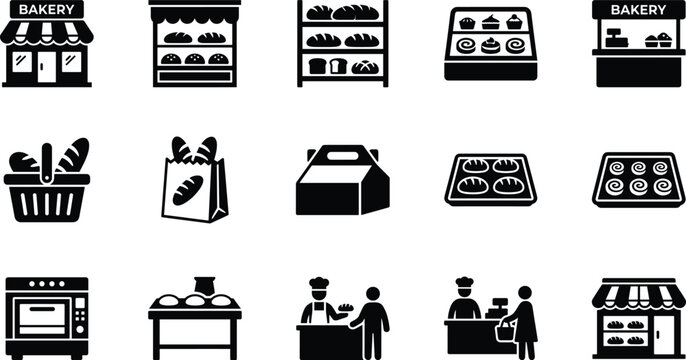 Set of black bakery icons featuring fresh bread pastries and shop scenes