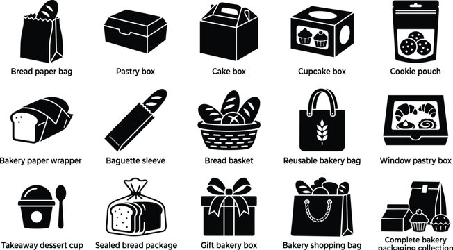 Set of black bakery packaging icons including boxes bags and food containers