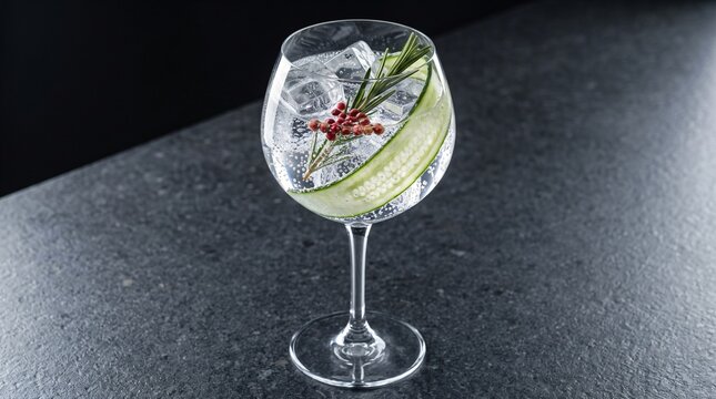 Artisanal gin and tonic cocktail with sparkling bubbles, fresh rosemary, cucumber ribbon, and pink peppercorns in crystal balloon copa glass on grey granite bar for craft bar beverage menu