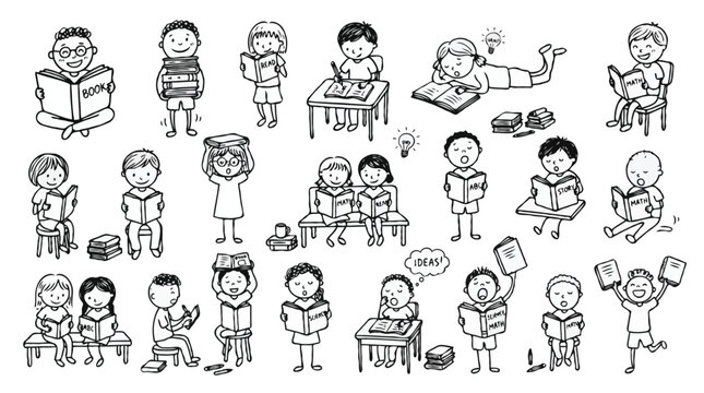 Children Reading and Studying Line Art Vector Doodles