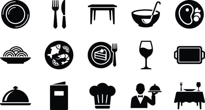 Set of black dining and restaurant icons featuring food cutlery and service elements