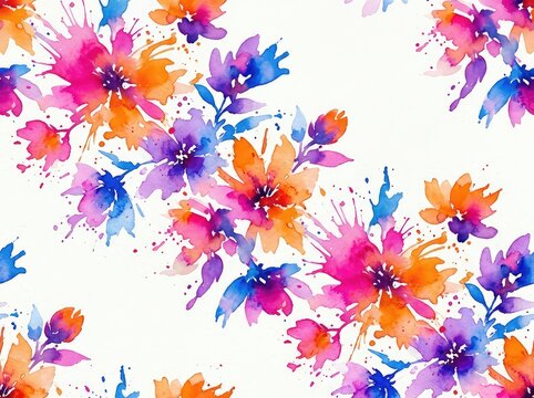 Dynamic watercolor splashes create abstract, cheerful blossoms in bright pink, orange, purple, and blue hues. A seamless, vibrant pattern, seamless, backdrop, expressive