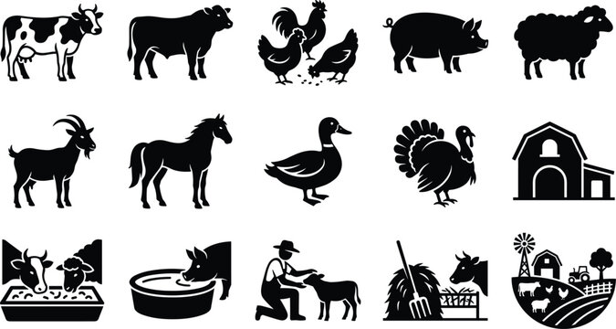 Set of black farm animal silhouettes including livestock birds and agricultural scenes