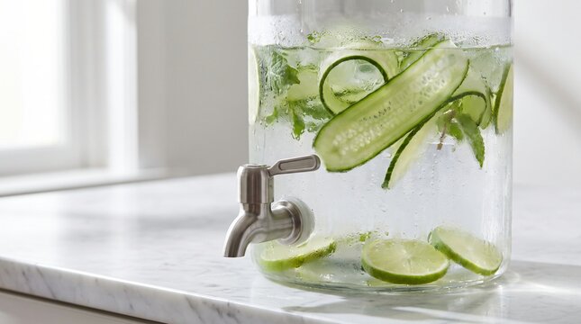 Infused detox spa water with cucumber ribbons, lime slices, and fresh garden mint in large glass beverage dispenser on white Carrara marble counter for luxury hotel wellness buffet service