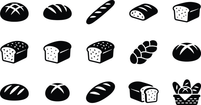 Set of fifteen black silhouette icons representing various types of fresh bakery bread