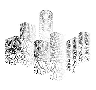 Building City Vector Modern city skyline silhouette with glowing digital elements and abstract geometric patterns creating futuristic urban building landscape on white background