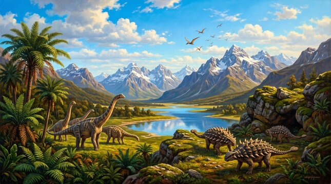 Majestic long necked sauropods and armored ankylosaurs roaming peacefully across lush prehistoric river valley with snowy mountains