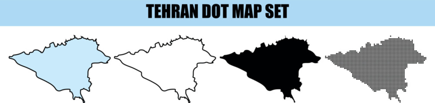 Tehran dot map set showing city outline filled light blue, black silhouette, and dots for presentations.