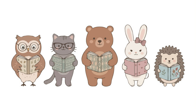 Cute Animals Reading Books Illustration Set