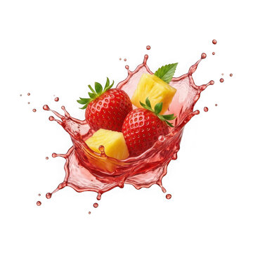 Fresh strawberries and pineapple chunks splashing in juice isolated on transparent background